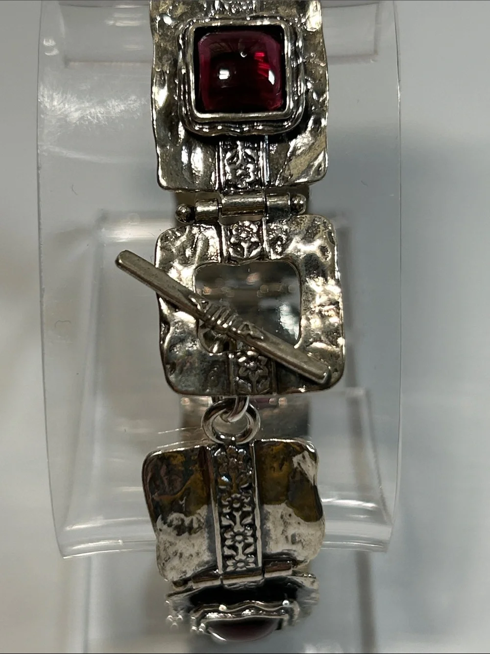 NWT Passage To Israel Hammered Panel Link Genuine Garnet Gemstone Bracelet